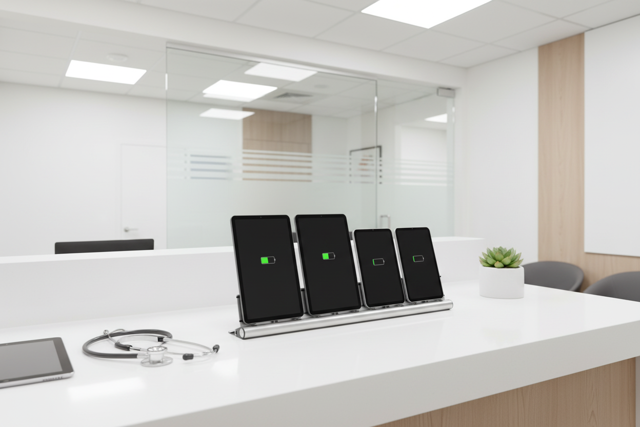 udoq 700 TABLET USB-C silber - 4 fach Ladestation gefräst und eloxiert aus solidem Aluminium. Exklusives Design mit patentierten verschiebbaren Anschlüssen. Lade platzsparend alle iPad, iPhone, AirPods, Apple Watch und Android Geräte mit bis zu 136W.