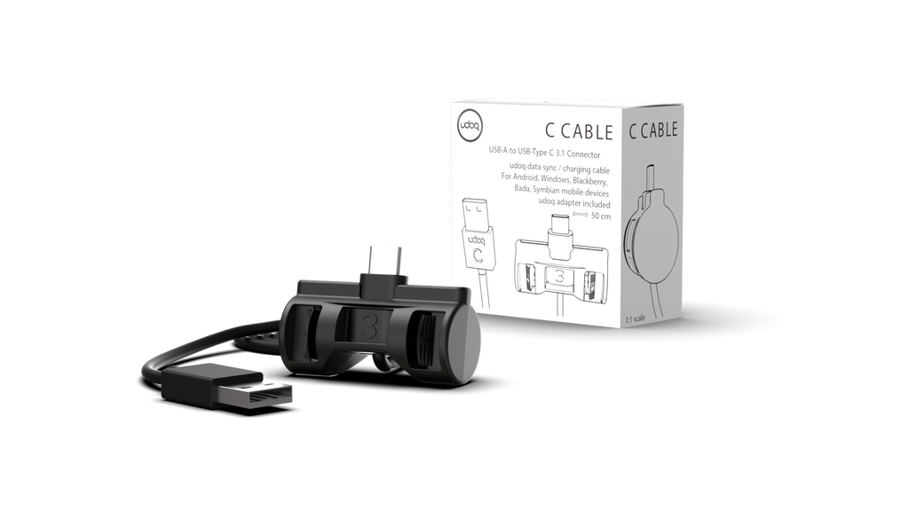 KABEL USB-C mit USB-A Anschluss und udoq Adapter, ideal zum Laden von Smartphones, Tablets und anderen Geräten.