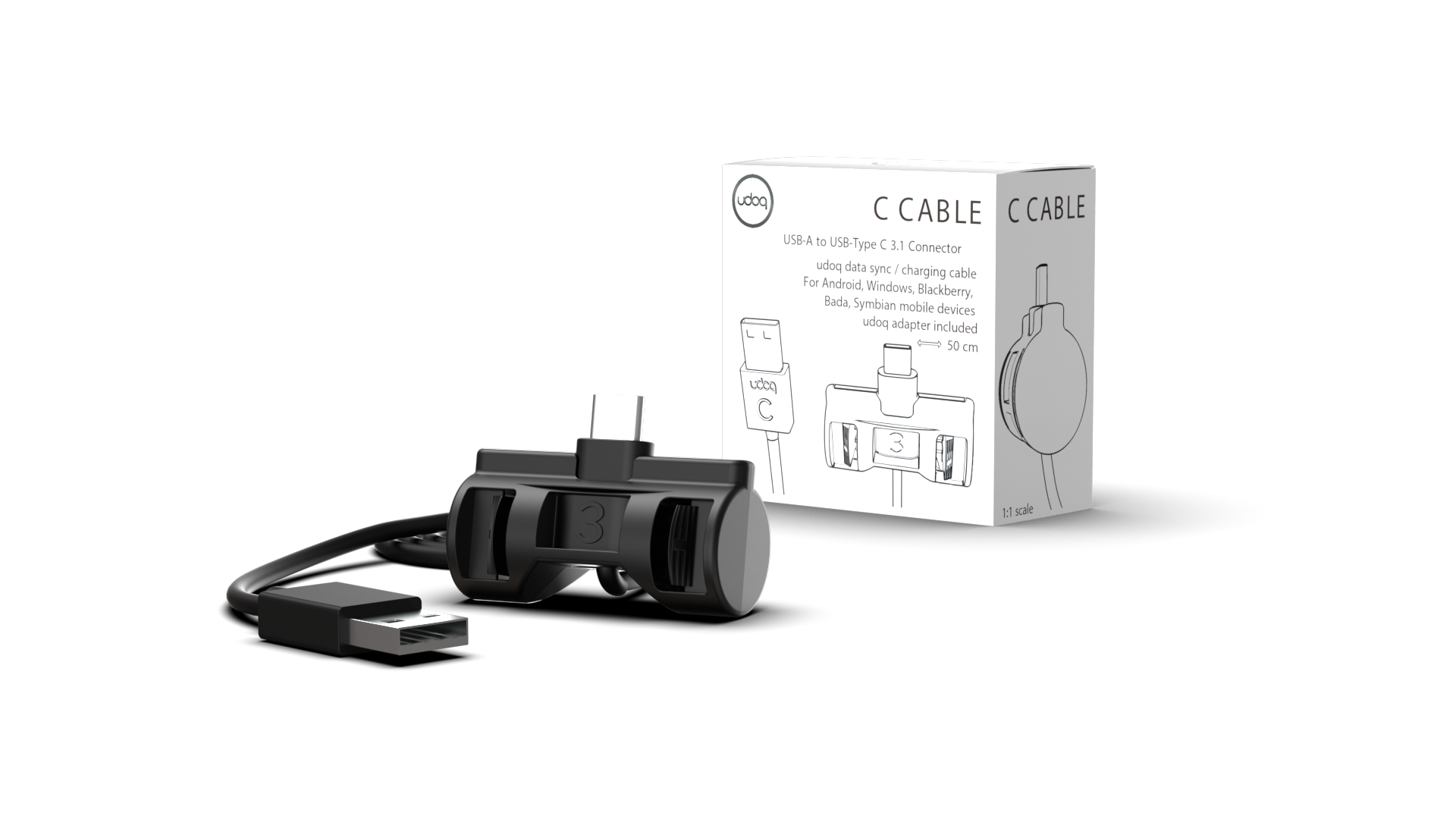 KABEL USB-C mit USB-A Anschluss und udoq Adapter, ideal zum Laden von Smartphones, Tablets und anderen Geräten.