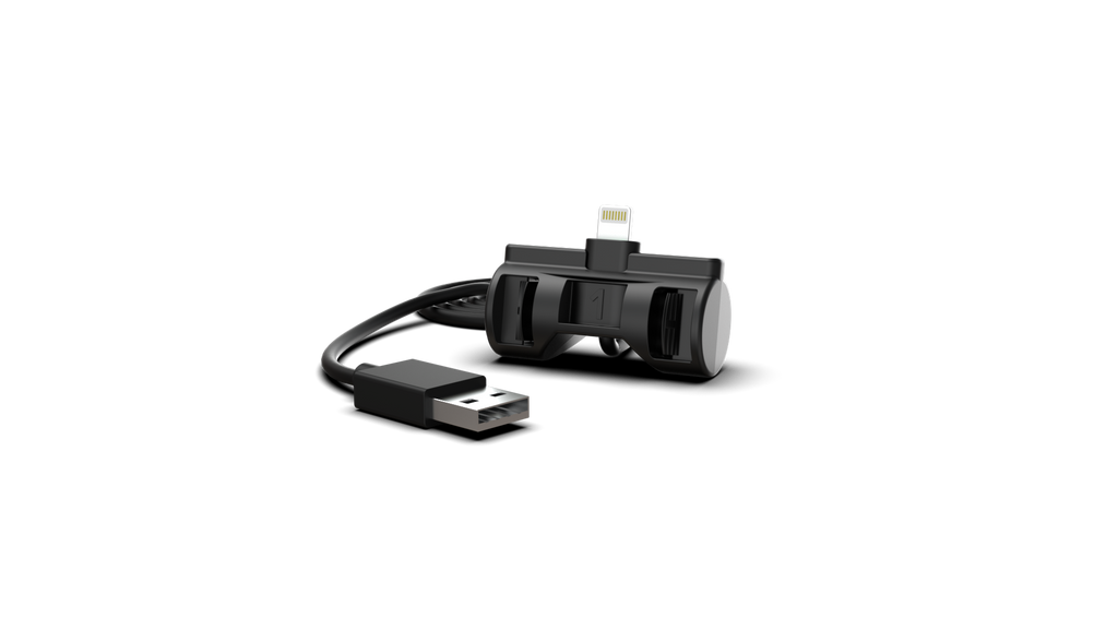 Ein schwarzes KABEL, Apple-Lightning auf USB-A Ladekabel mit Clip-Adapter zur Nutzung mit der udoq Ladeschiene