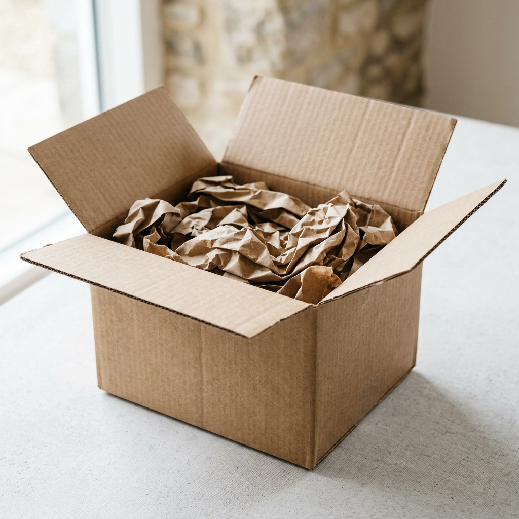 udoq Produktverpackung aus braunem Recyclingkarton mit papierbasierten Einlagen