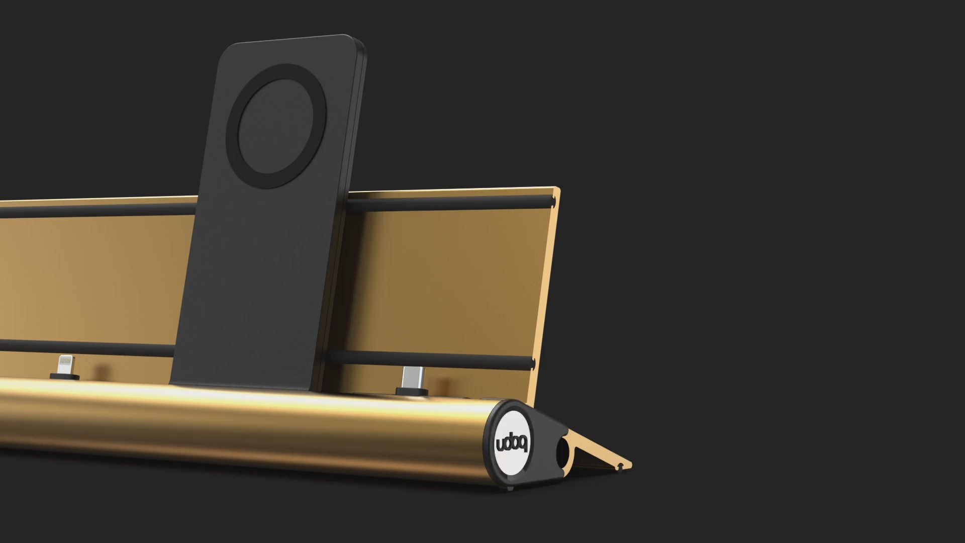 goldene udoq Ladestation, animation zeigt alle Adapter und Einzelteile sind leicht austauschbar und verschiebbar