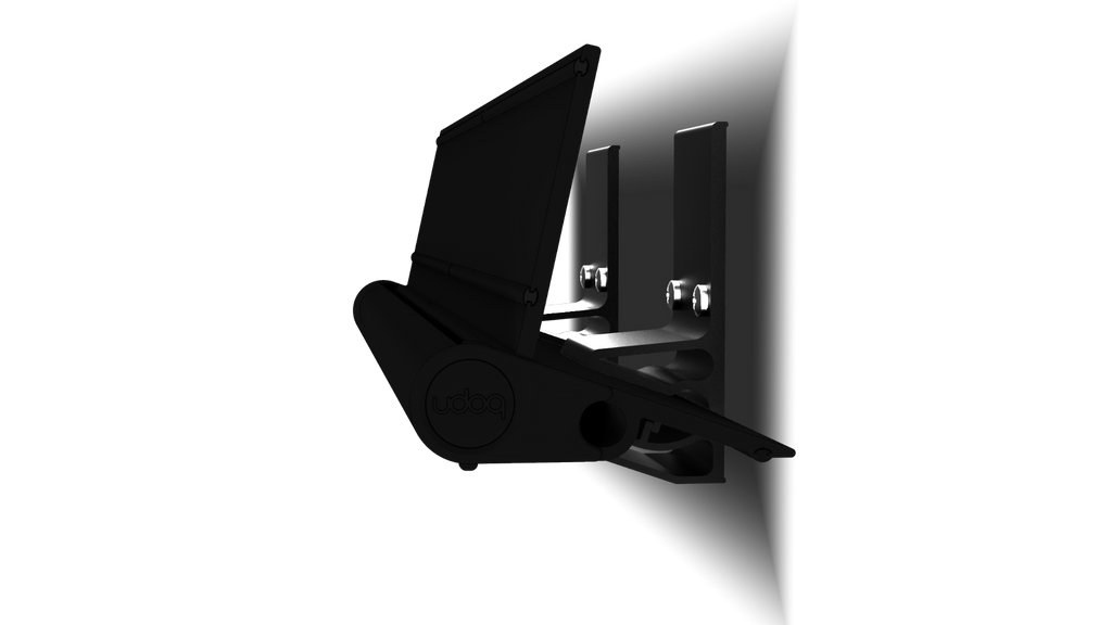 udoq Wandhalterung in schwarz - für eine absolut stabile Befestigung des udoq an jeder Wand. Träger mit Klemmplatten aus massivem Aluminium bilden über eine 4 fache Schraub-Klemmung eine schwingungsfreie Verankerung für alle udoqs.