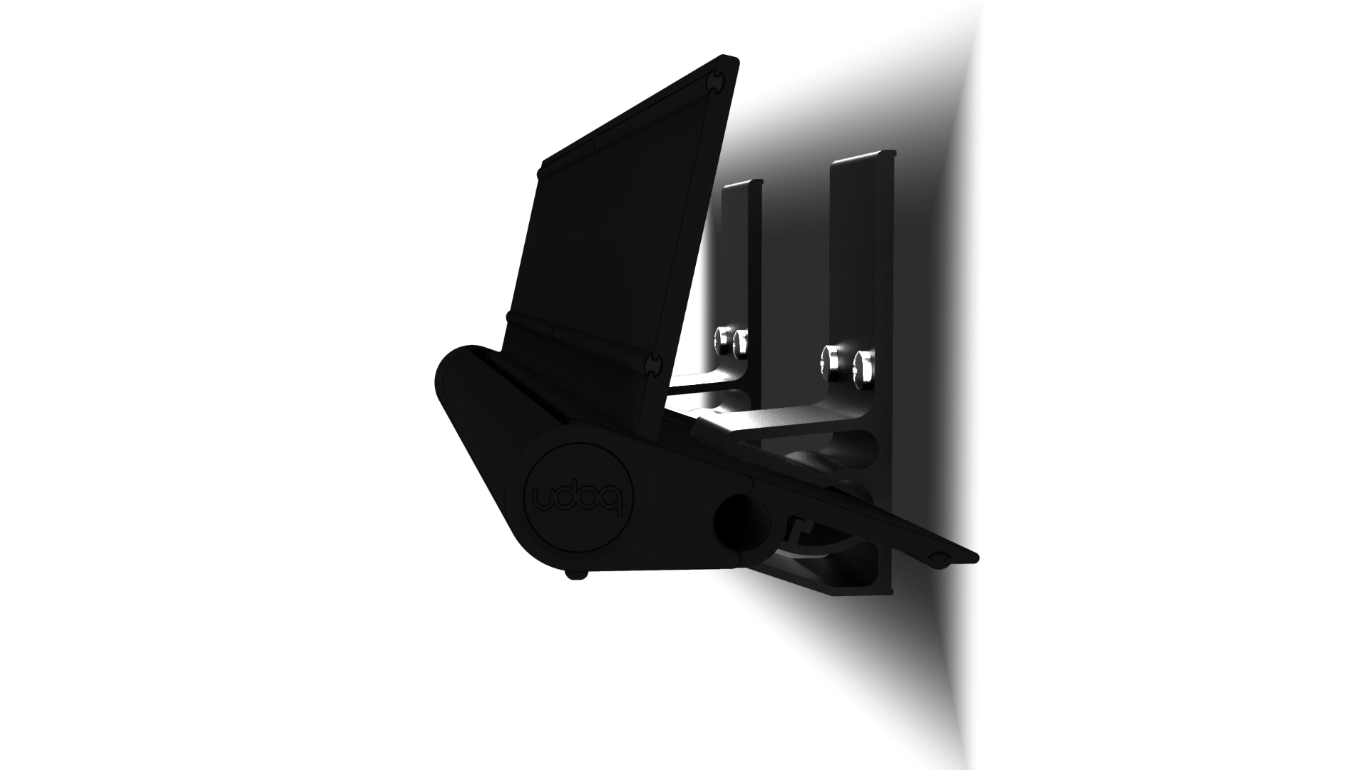 udoq Wandhalterung in schwarz - für eine absolut stabile Befestigung des udoq an jeder Wand. Träger mit Klemmplatten aus massivem Aluminium bilden über eine 4 fache Schraub-Klemmung eine schwingungsfreie Verankerung für alle udoqs.