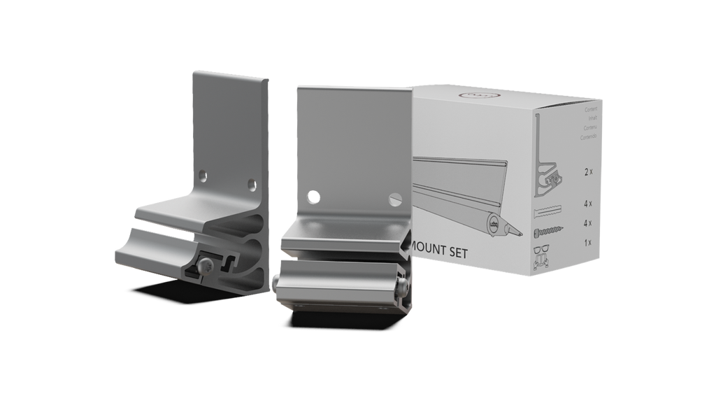 udoq Wandhalterung in silber - für eine absolut stabile Befestigung des udoq an jeder Wand. Träger mit Klemmplatten aus massivem Aluminium bilden über eine 4 fache Schraub-Klemmung eine schwingungsfreie Verankerung für alle udoqs.