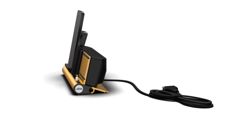 udoq Multi Ladestation in gold für 3 Geräte mit Apple Watch Plug, Wireless Charging und Lightning adapter