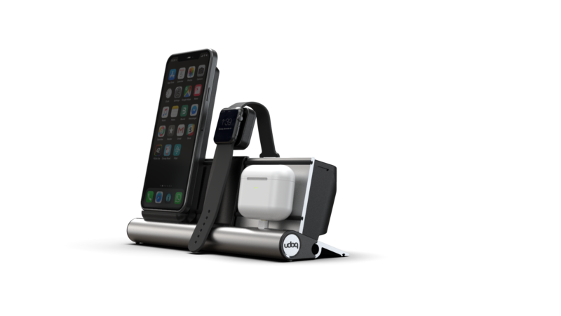udoq Multi Ladestation in silber für 3 Geräte mit Apple Watch Plug, Wireless Charging und Lightning adapter