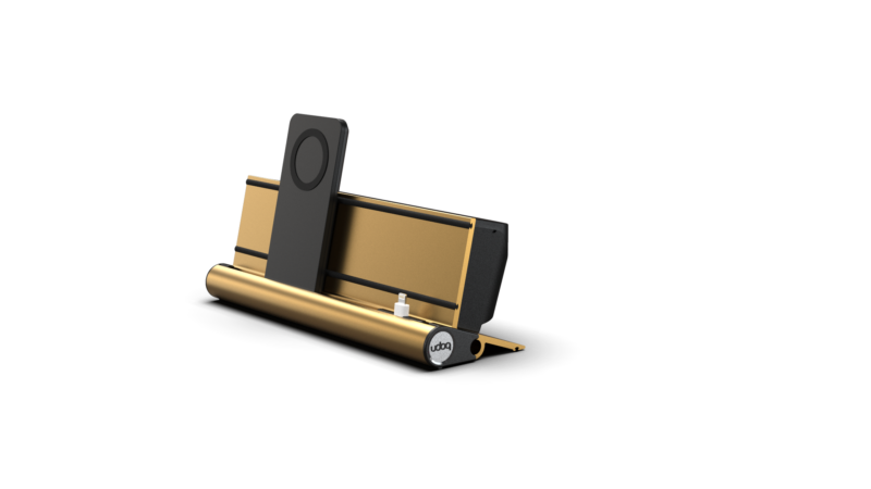 udoq Multi Ladestation in gold für 2 Mobilgeräte mit MagSafe und Lightning adapter
