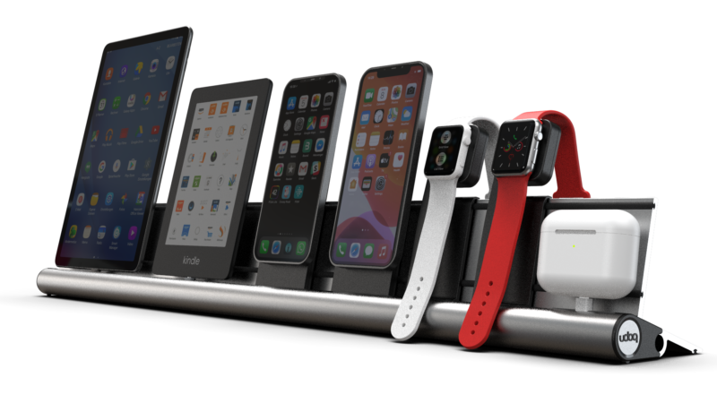 udoq Multi Ladestation in silber mit MagSafe, Apple Watch und Lightning Adapter