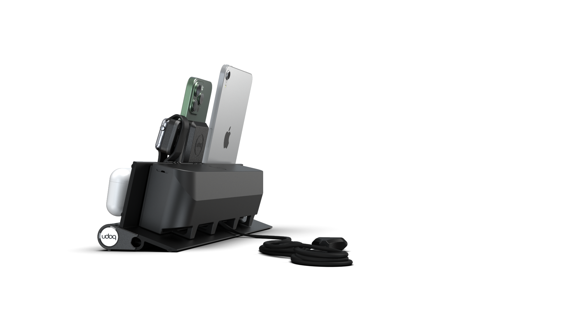 udoq 400 Multiladestation in Schwarz mit MagSafe und Power Delivery Charger, Apple Watch Adapter